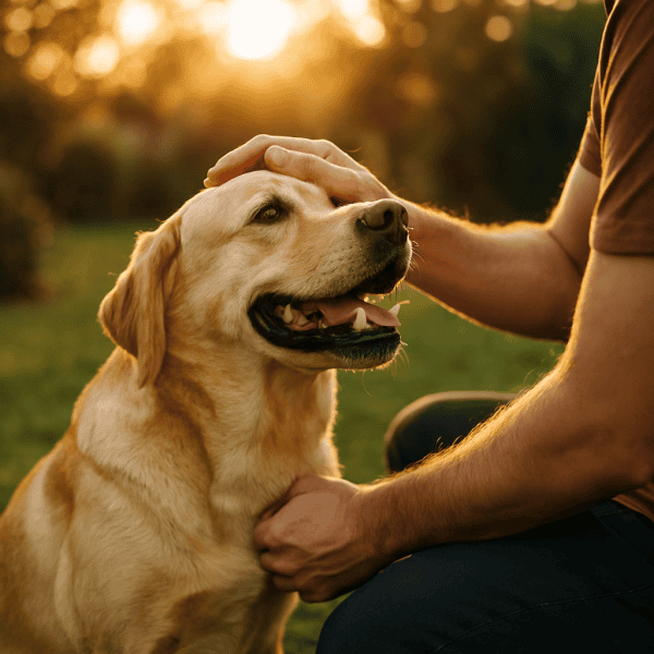 Cane felice con persona che lo accarezza al tramonto.