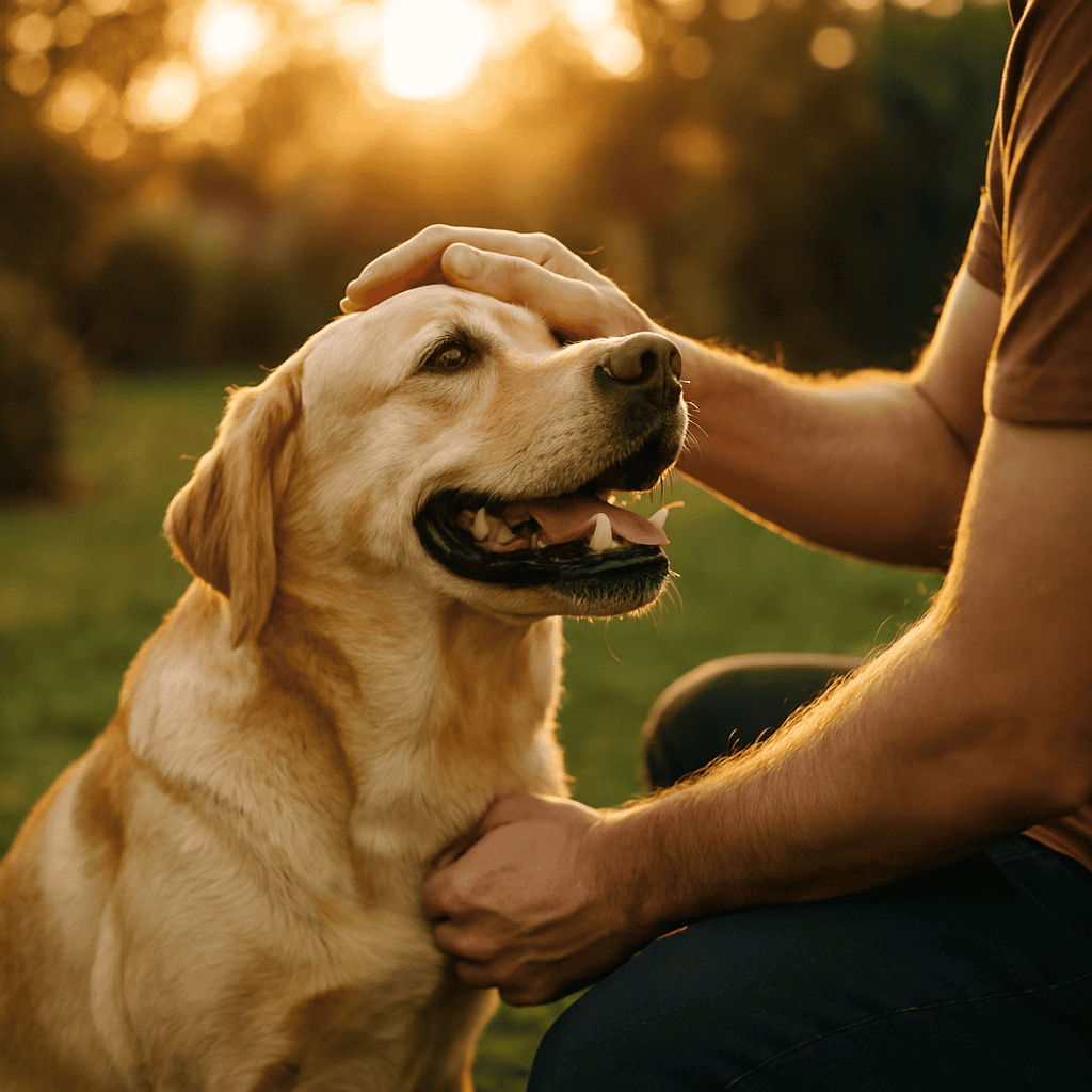 Cane felice con persona che lo accarezza al tramonto.