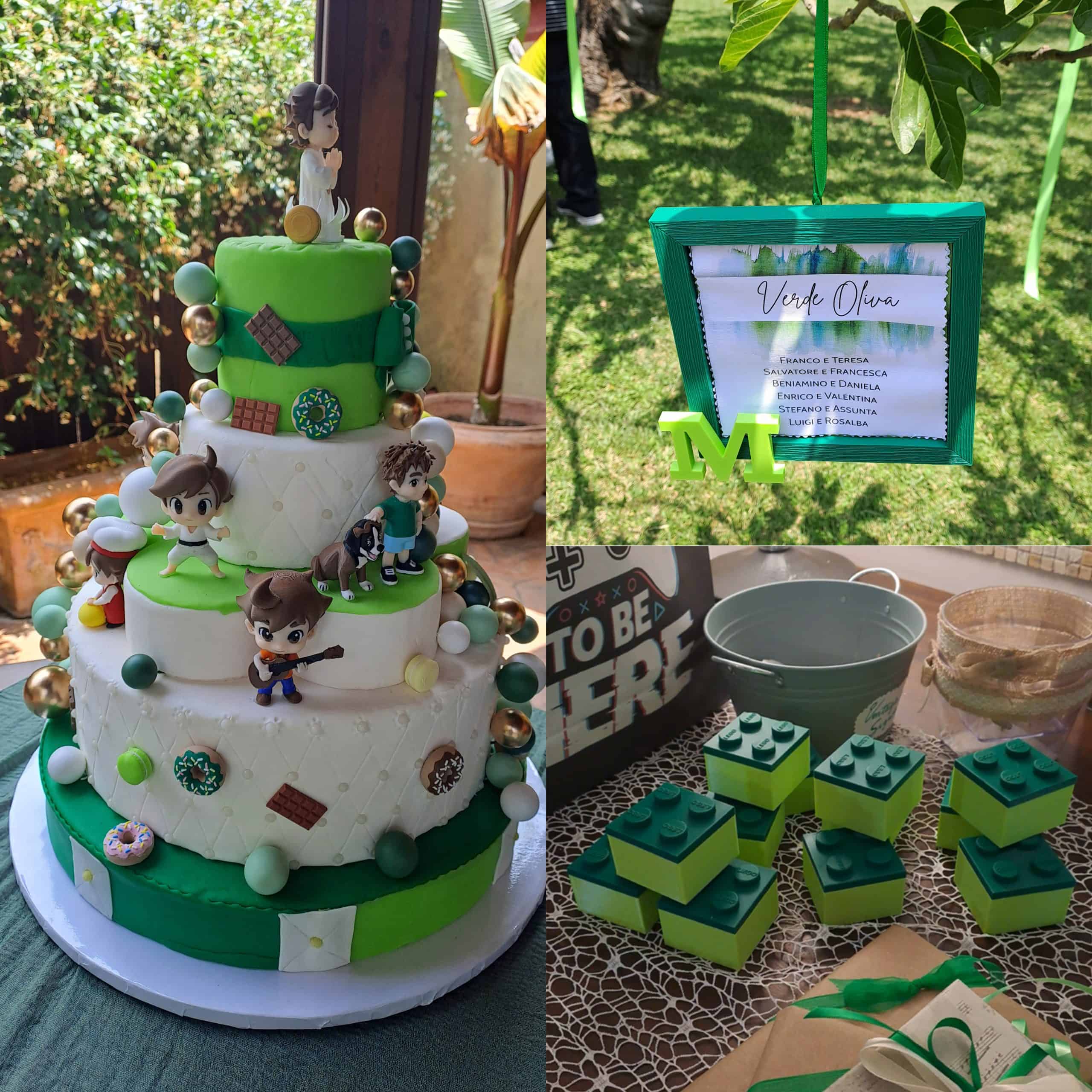 Torta di compleanno decorata con personaggi Lego e dettagli colorati.