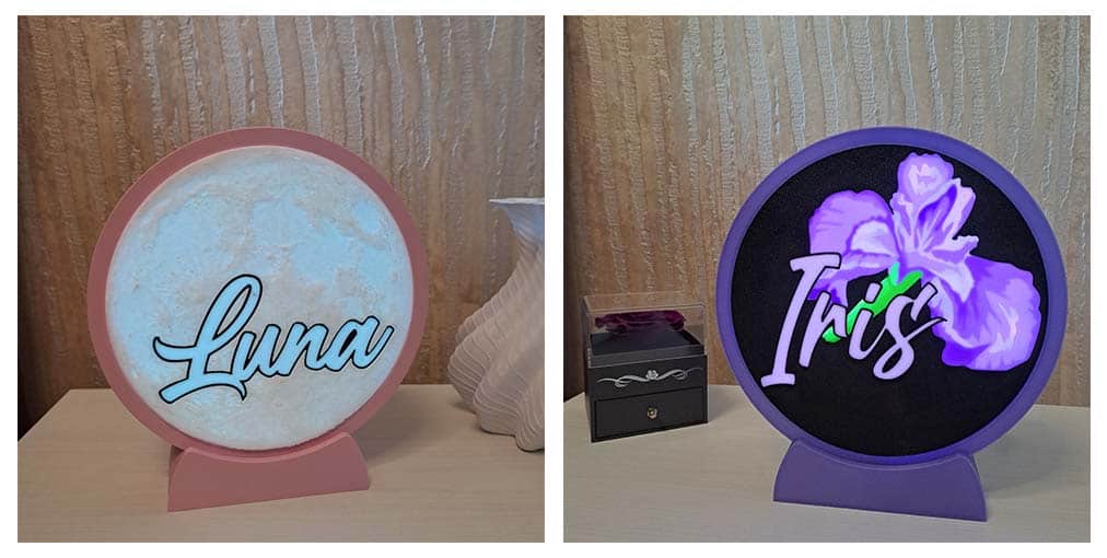 Luci personalizzate con nomi Luna e Tris, decorazioni luminose per ambienti.