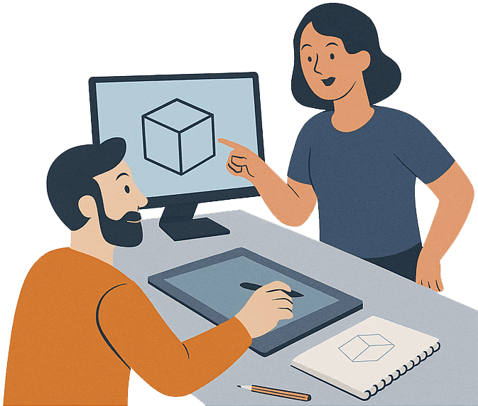 Due persone che lavorano su un progetto di modellazione 3D con computer e tablet.