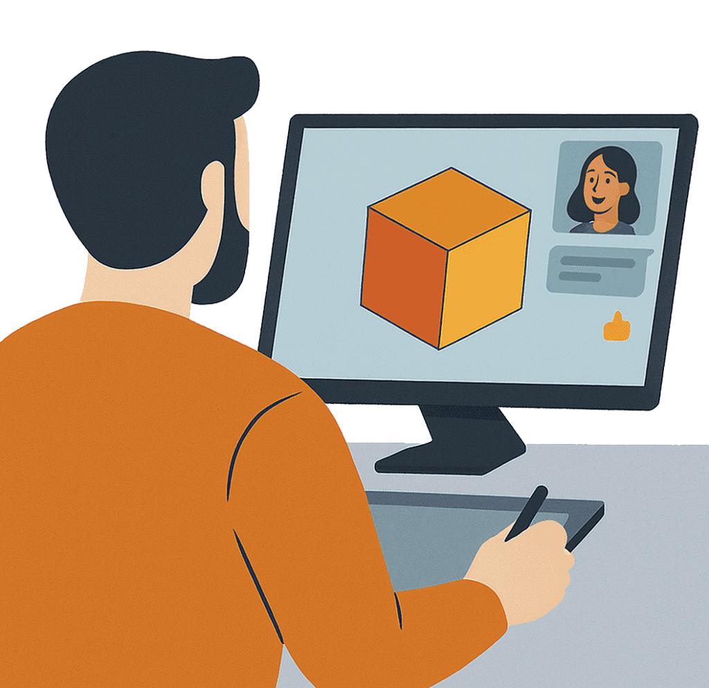 Persona che lavora su un computer con modello 3D e videochiamata.