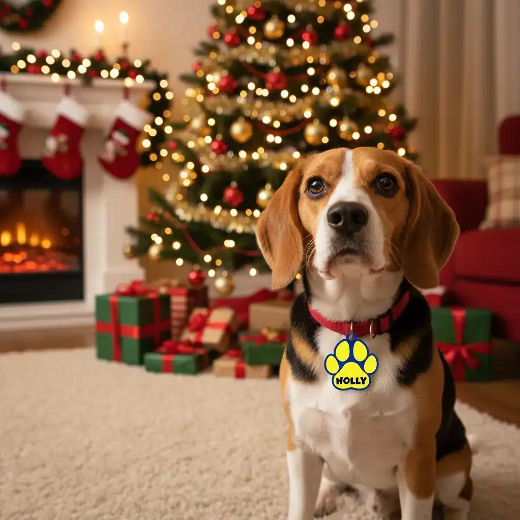 Cane con collare Gift3D davanti all'albero di Natale decorato.