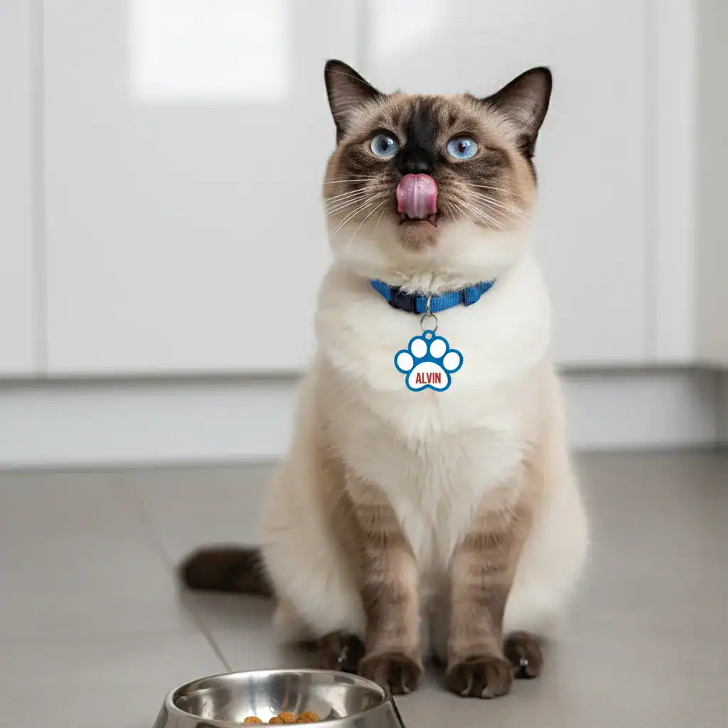 Gatto con medaglietta personalizzata con nome Alvin.