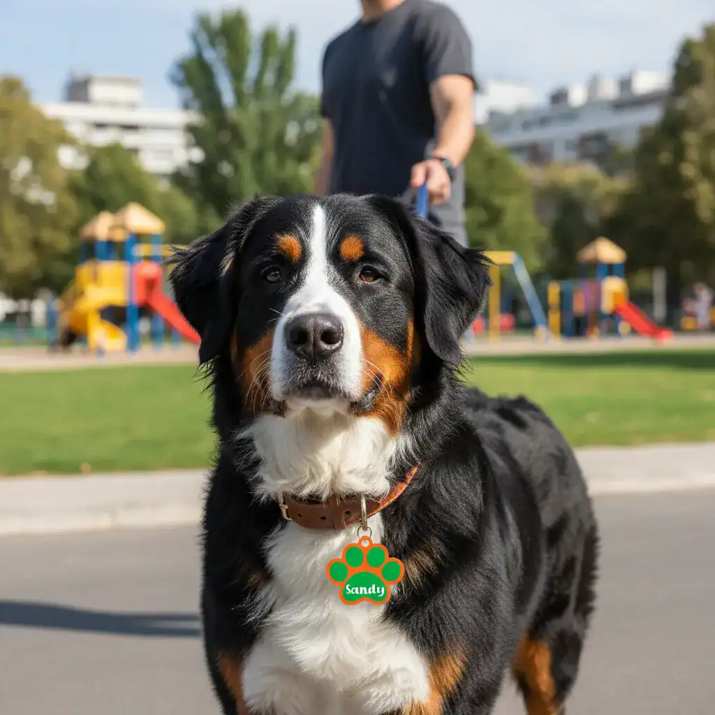 Cane con tag personalizzato Sandly in parco.