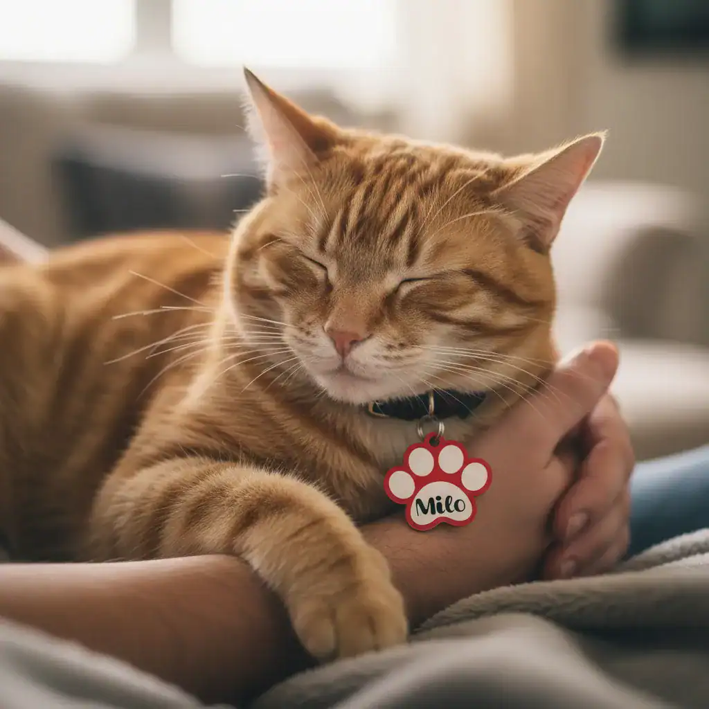 Gatto con collare personalizzato con nome Milo.