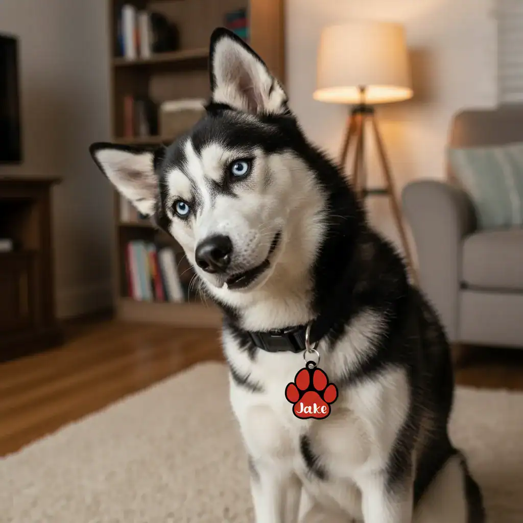 Cane Husky con occhi azzurri e collare con medaglietta personalizzata.