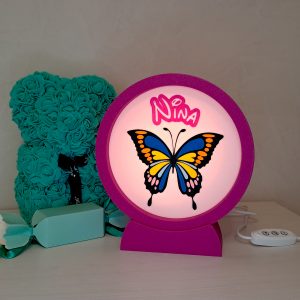 Lampada creativa con farfalla e nome Nina, decorazione colorata e originale.