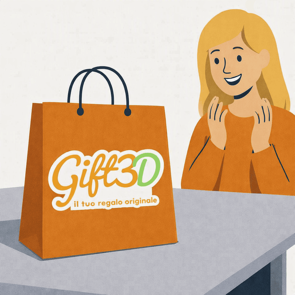Borsa regalo Gift3D con logo e donna felice.