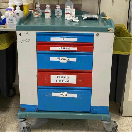 Cassetto farmaceutico con etichette per farmaci e insulina.